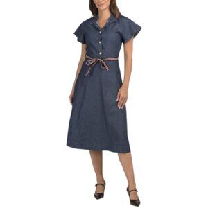 LINEA MODA Short Sleeve Button Front Midi Dress With Ribbon Belt